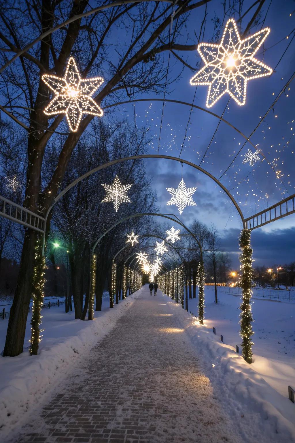 A dreamy walkway with lighted stars and snowflakes adding celestial magic.