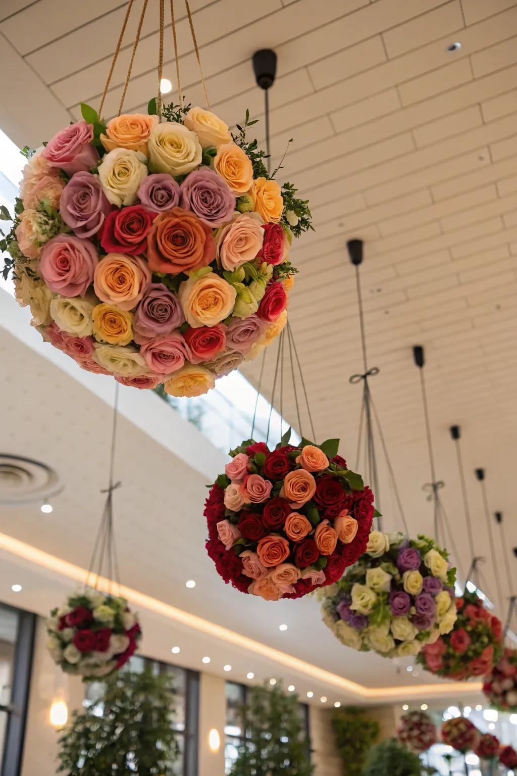 Add dimension to your decor with hanging rose bouquets that captivate the eye.