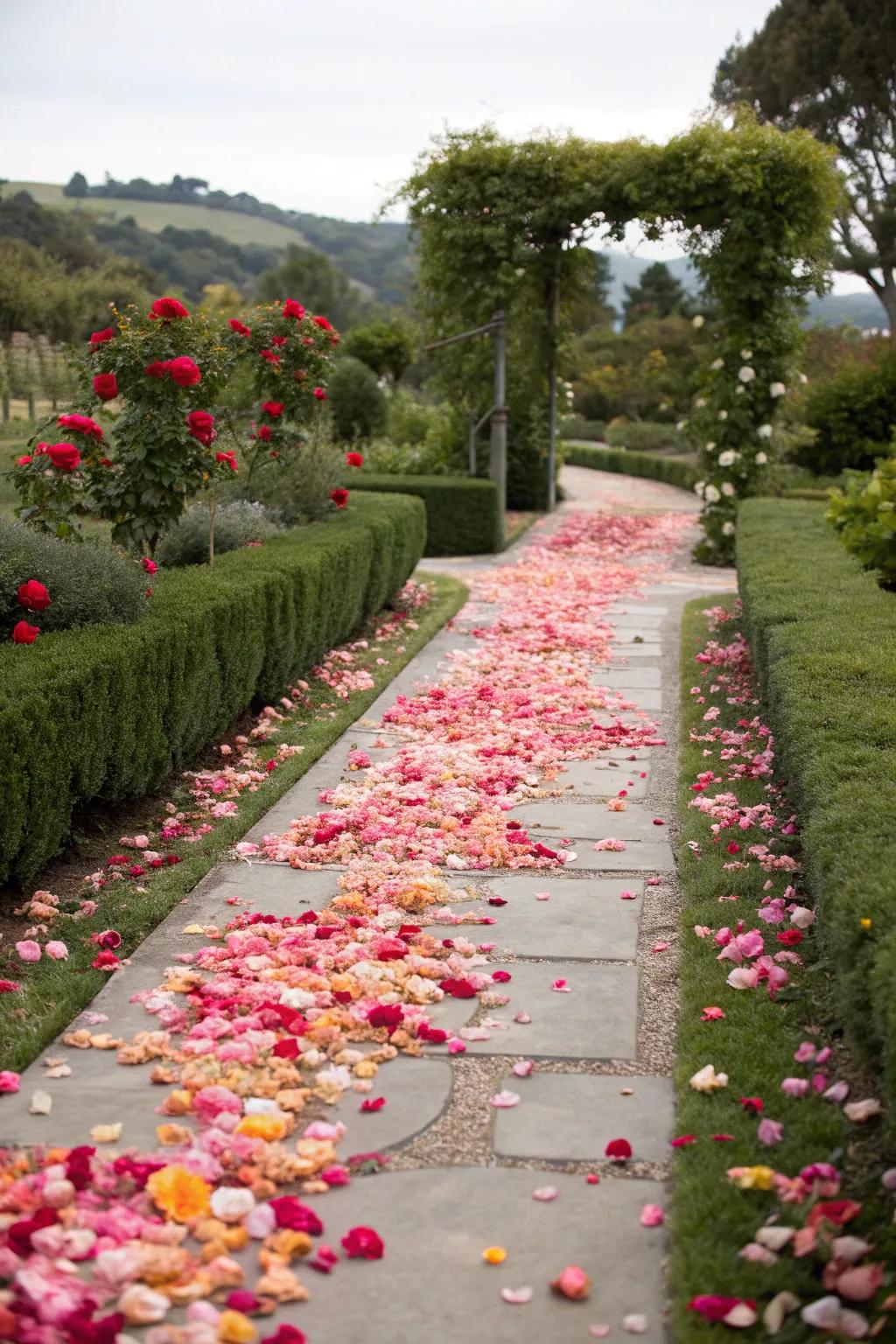 Enhance your garden with a rose petal pathway that invites you to stroll through a world of beauty.