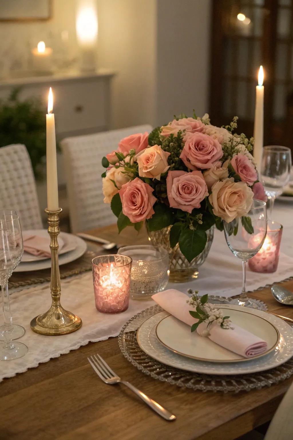 Create a romantic dinner setting with a rose-adorned tablescape that captivates the senses.