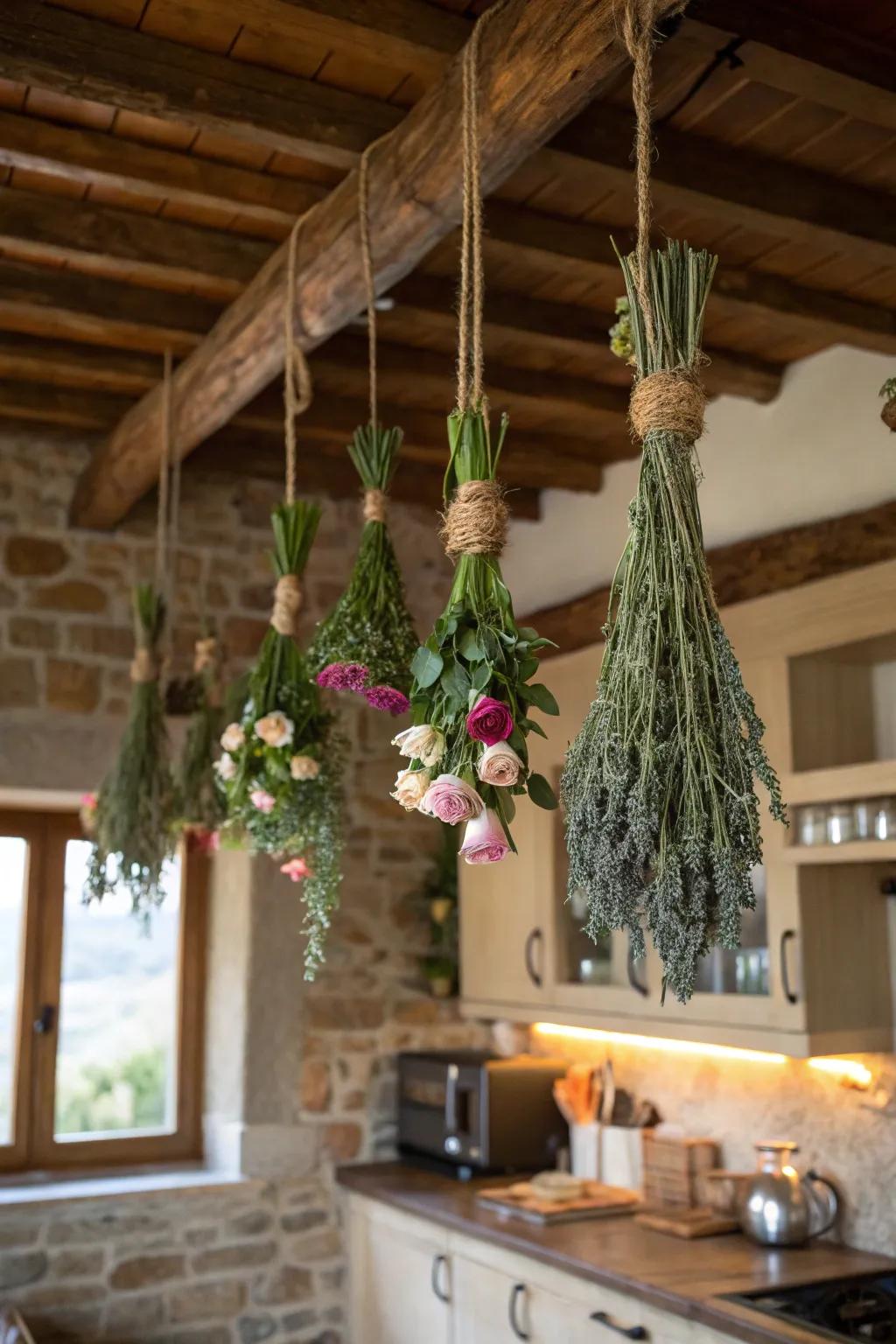 Add a natural scent to your home with rose and herb bundles that delight the senses.