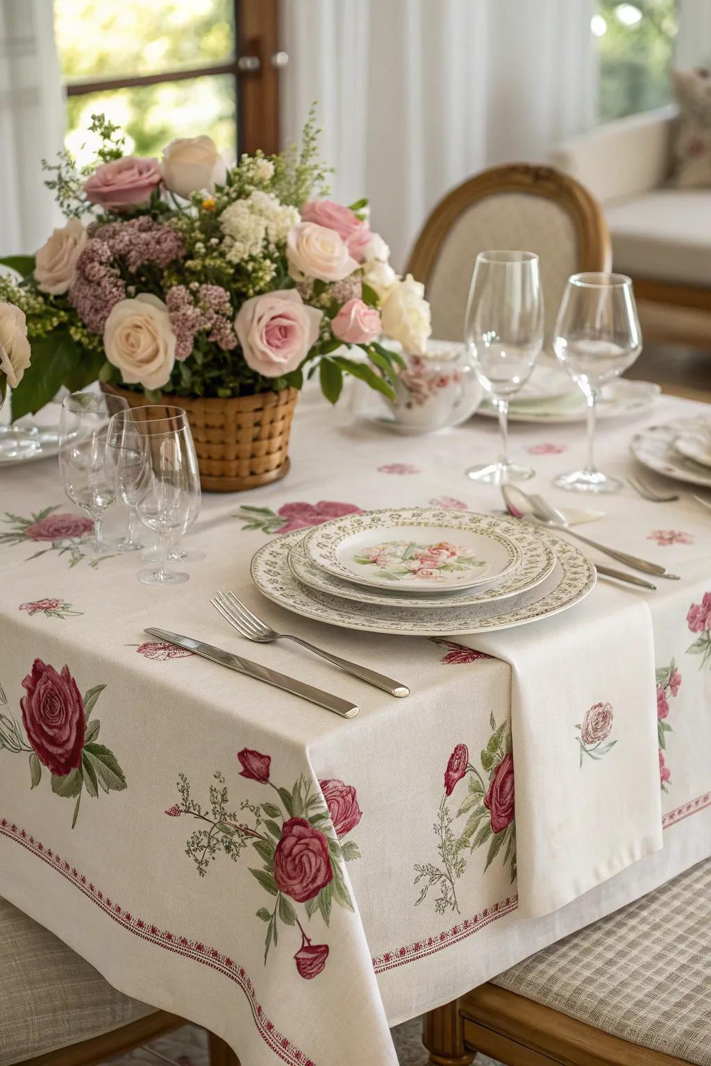 Enhance your dining experience with rose-patterned table linens that bring elegance to every meal.