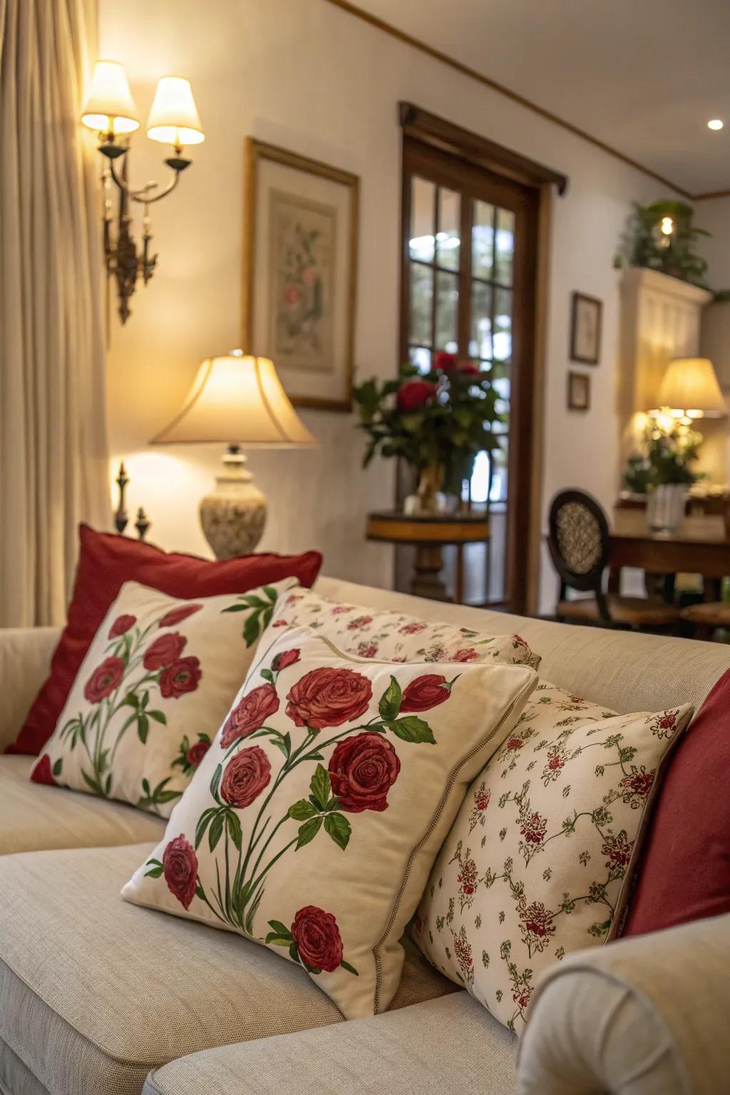 Infuse your living room with floral charm through rose-embellished throw pillows.