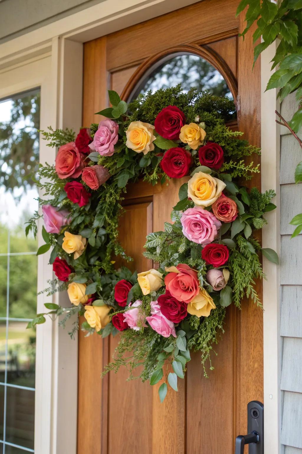 Welcome guests with a vibrant rose wreath that adds a splash of color to your entryway.