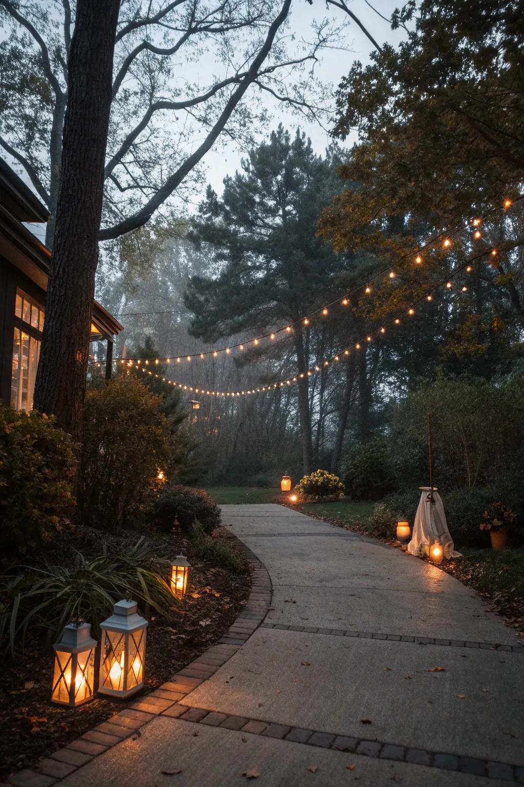 Spooky pathway lighting sets an eerie tone for Halloween night.