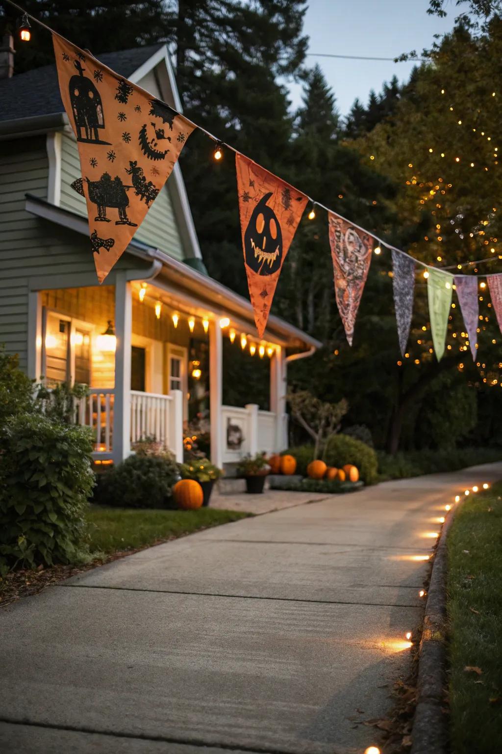 Banners add a cheerful touch to the driveway's Halloween decor.