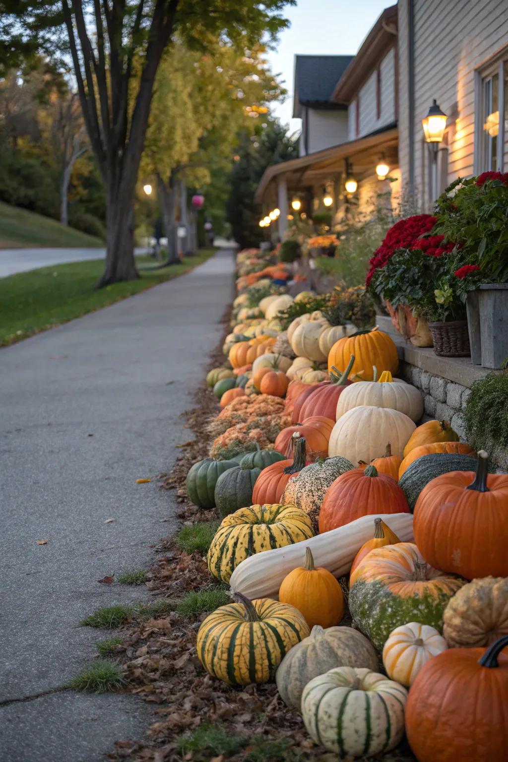 Pumpkins and gourds create a festive and colorful driveway display.
