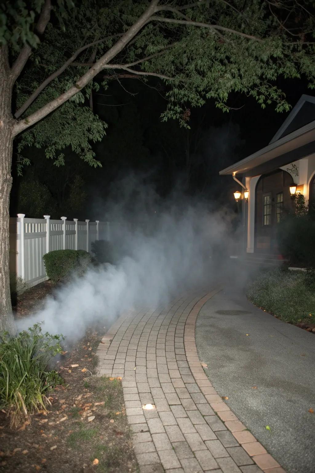 Fog machines cloak the driveway in a mysterious Halloween mist.