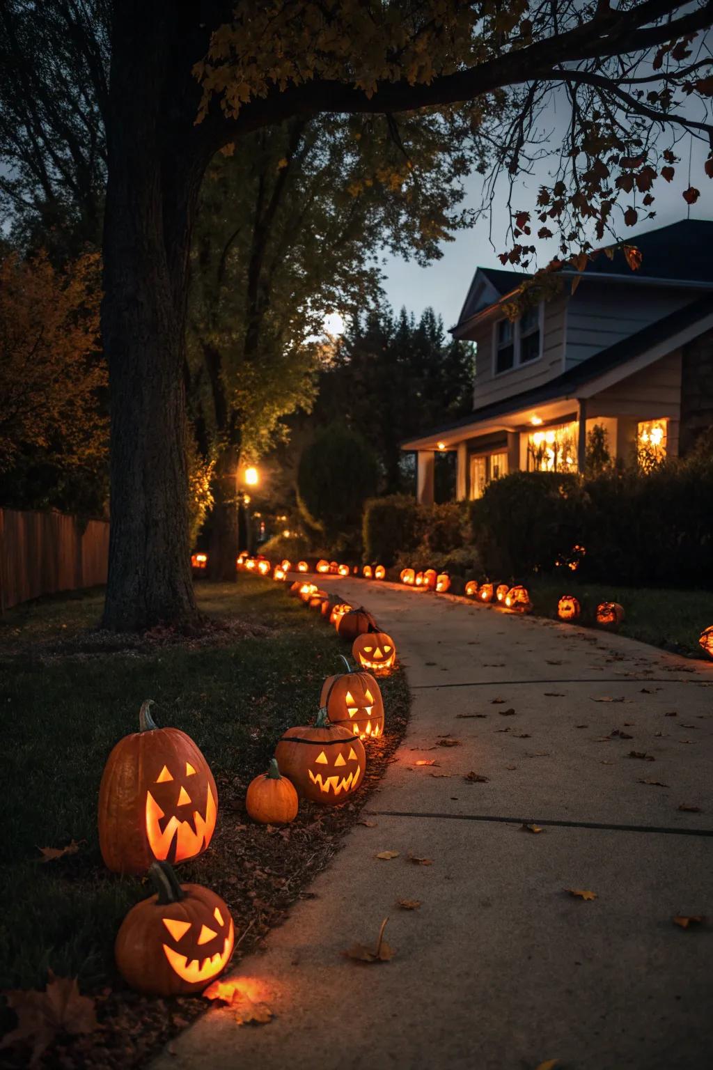 A parade of Jack-o'-Lanterns lights up the driveway in spooky style.