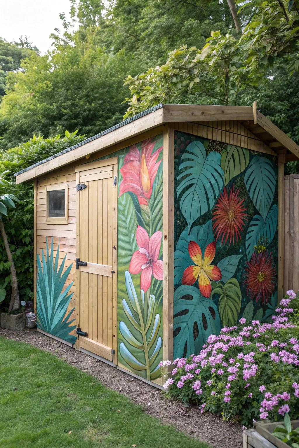 A tropical-themed mural turns a shed into a paradise.