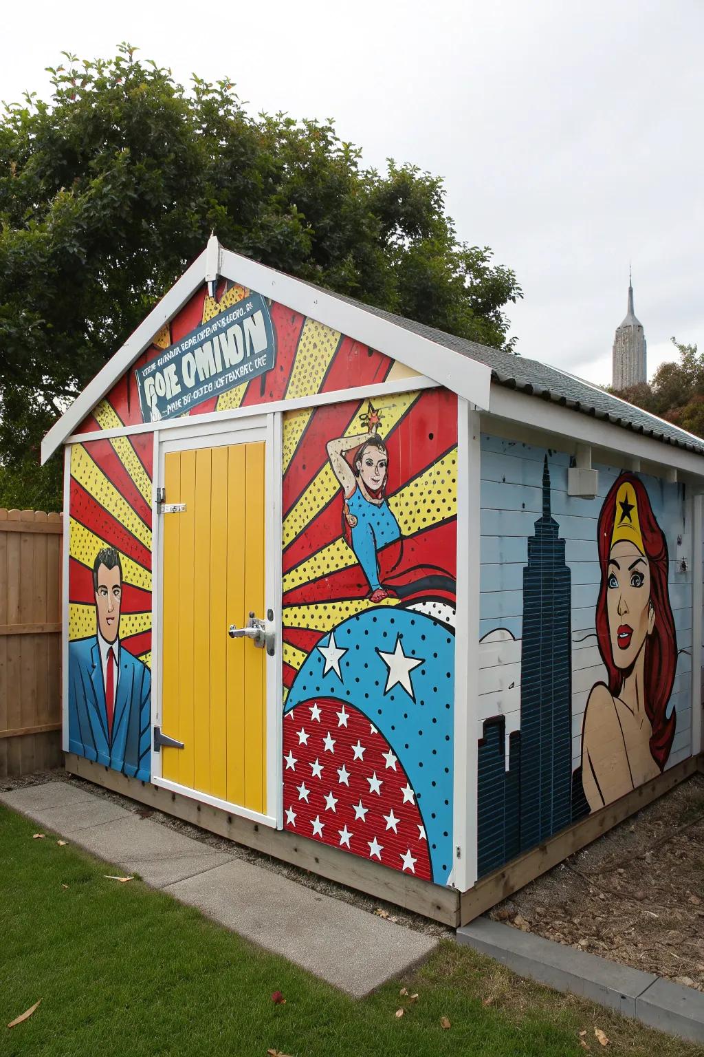 A pop art mural adds a burst of fun and color to a garden shed.