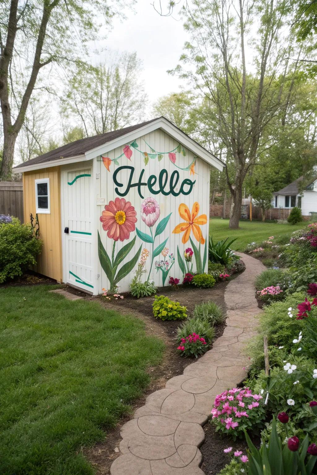 A warm welcome mural on a garden shed.