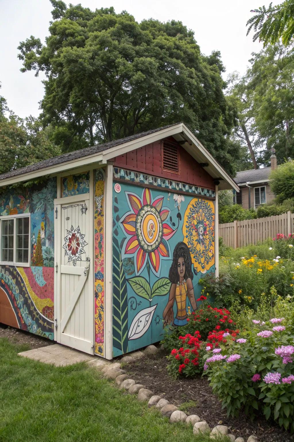 A cultural mosaic mural celebrates global artistry on a garden shed.