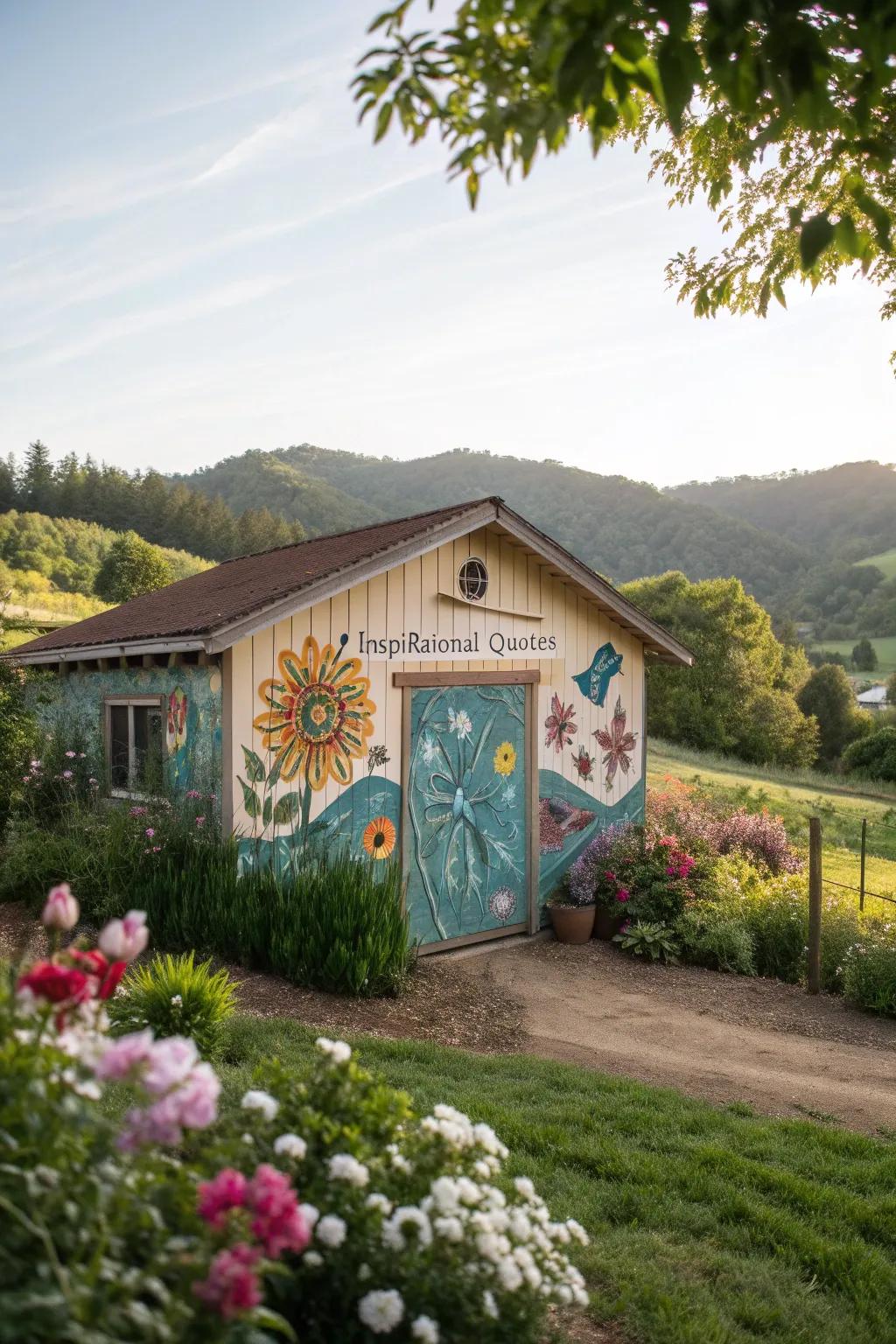 An inspirational quote mural adds a personal touch to a shed.