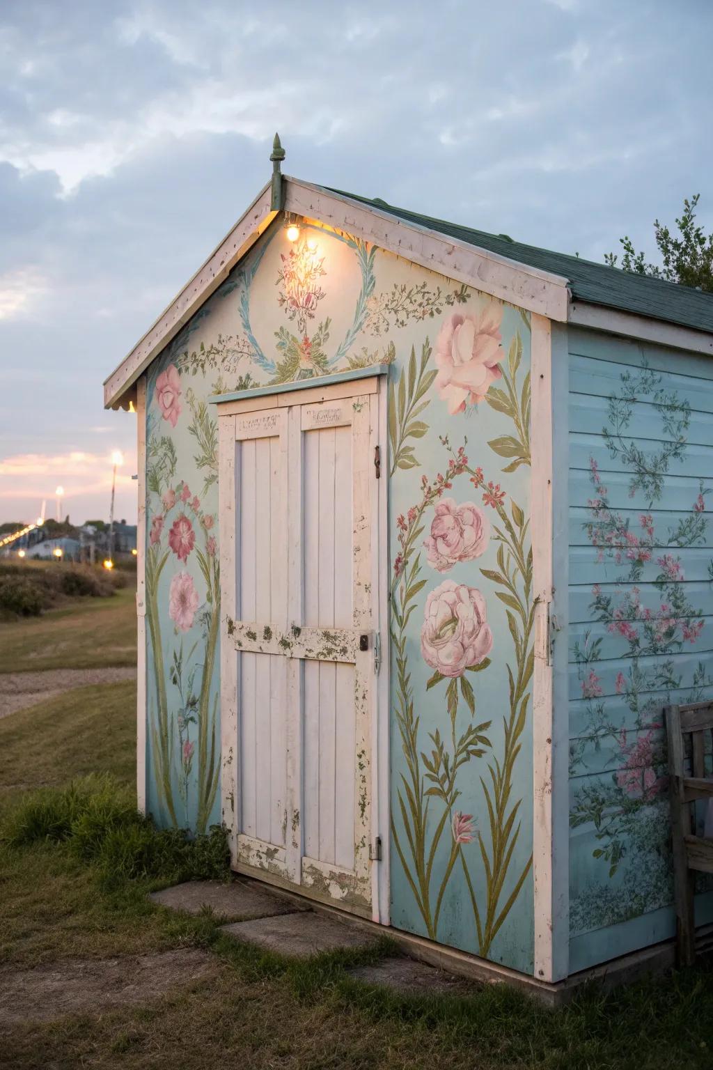 A vintage mural adds nostalgic charm to a garden shed.