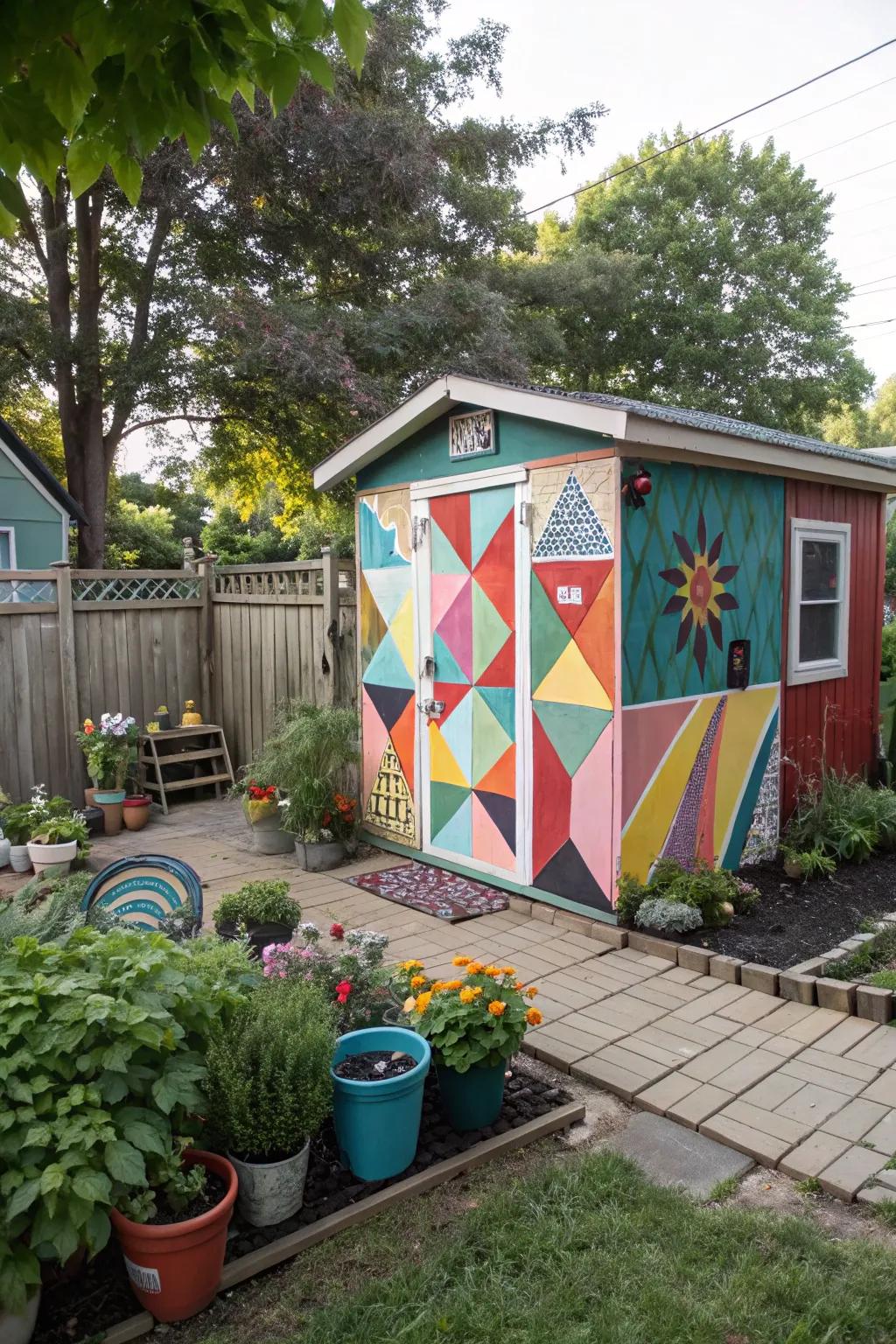 A shed transformed into a canvas of abstract geometric designs.