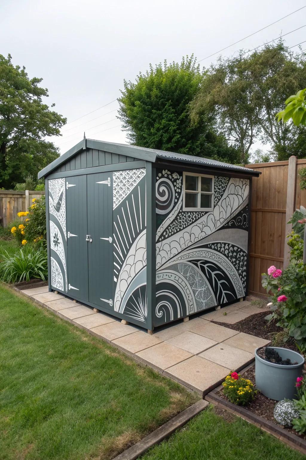 A modern monochrome mural gives a chic touch to a shed.