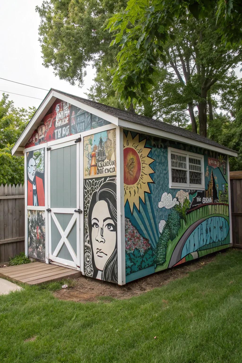 An eclectic collage mural showcases a vibrant mix of styles.