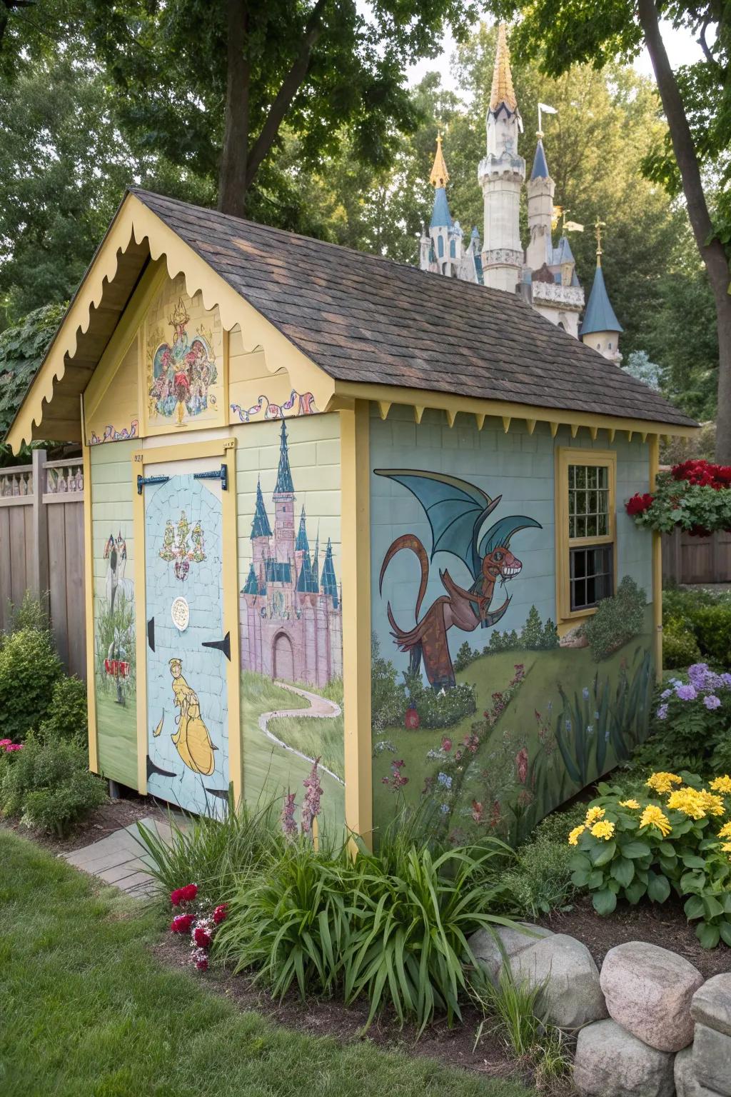 A fairytale mural transforms a shed into a magical world.