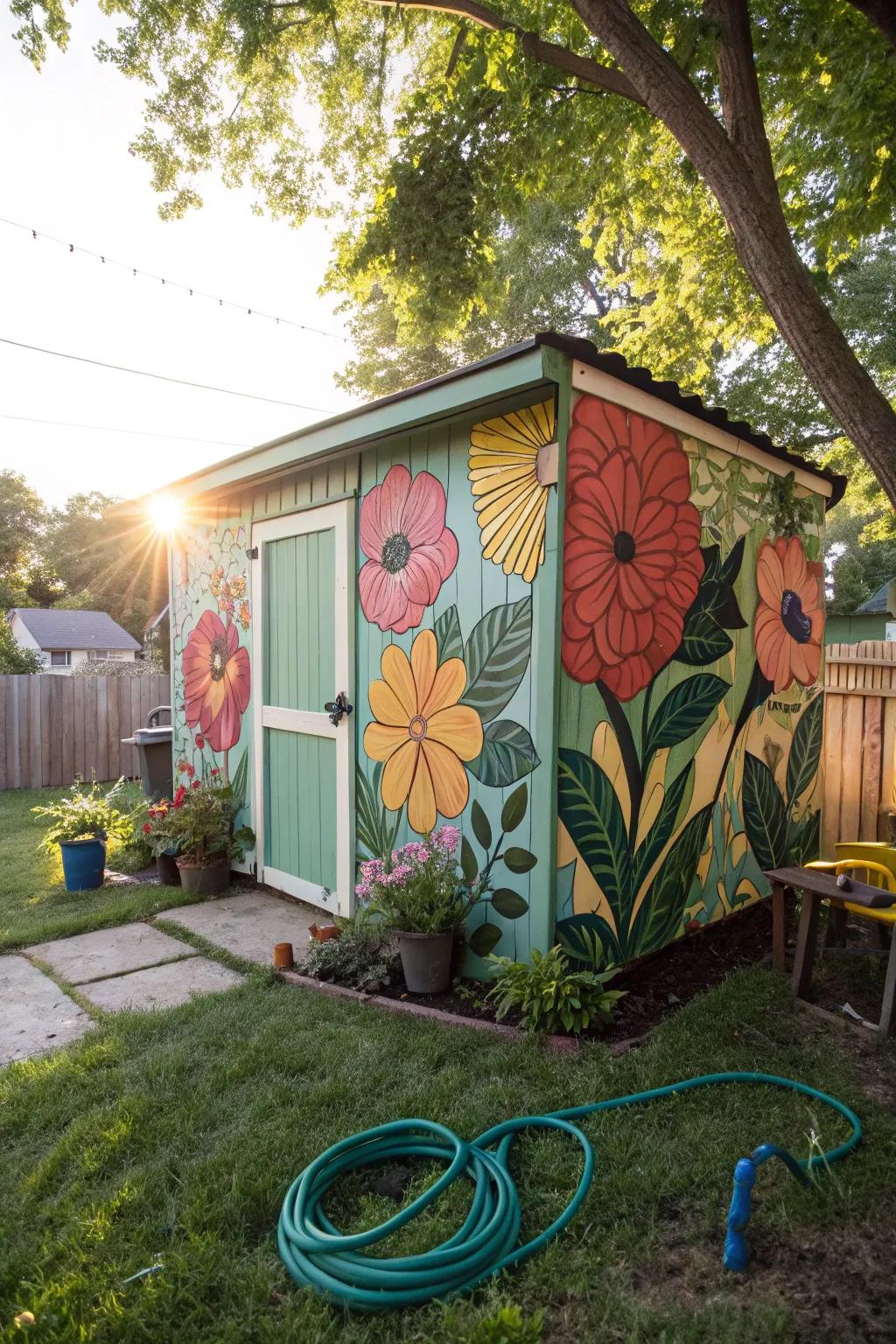 A shed adorned with a vibrant floral mural that brings the garden to life.