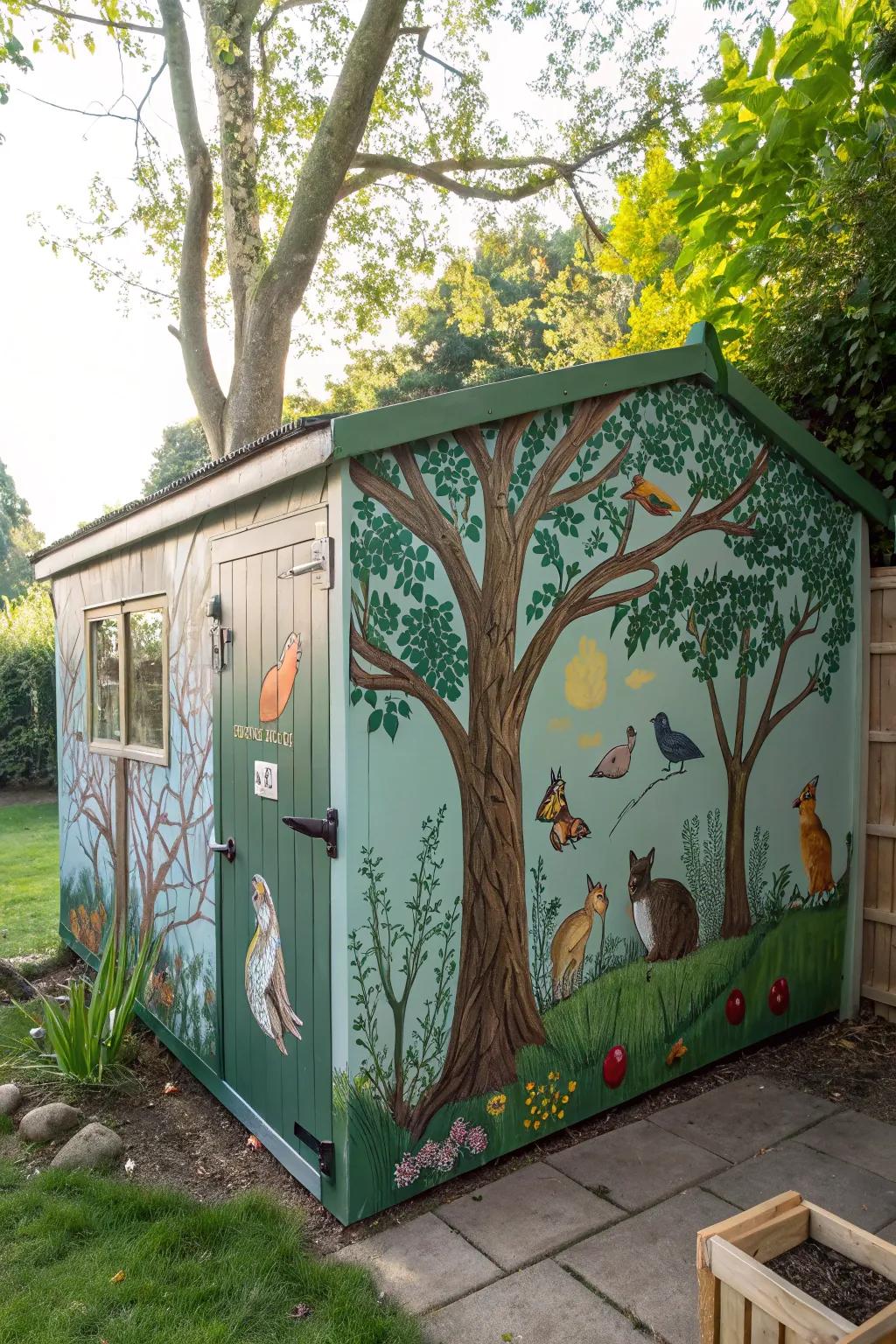 A shed mural brings a whimsical woodland scene to life.