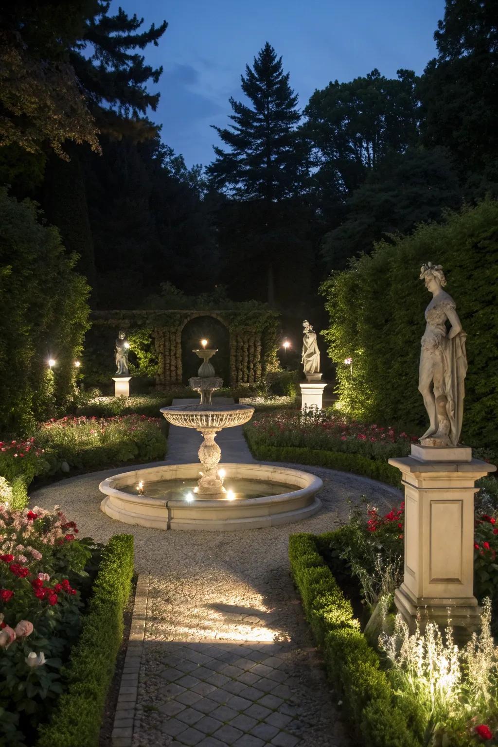 Add drama to garden features with focused lighting.