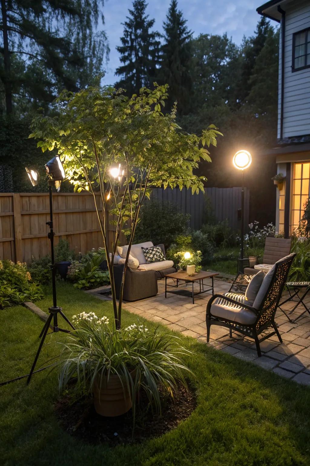 Draw attention with a well-lit focal point in your garden.