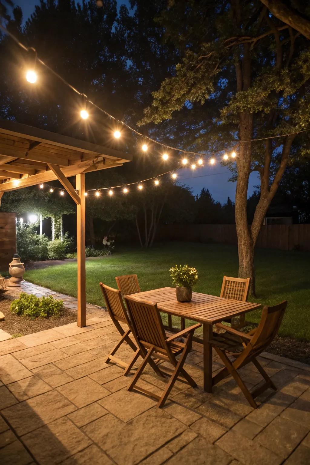 Warm lighting transforms your patio into a cozy retreat.