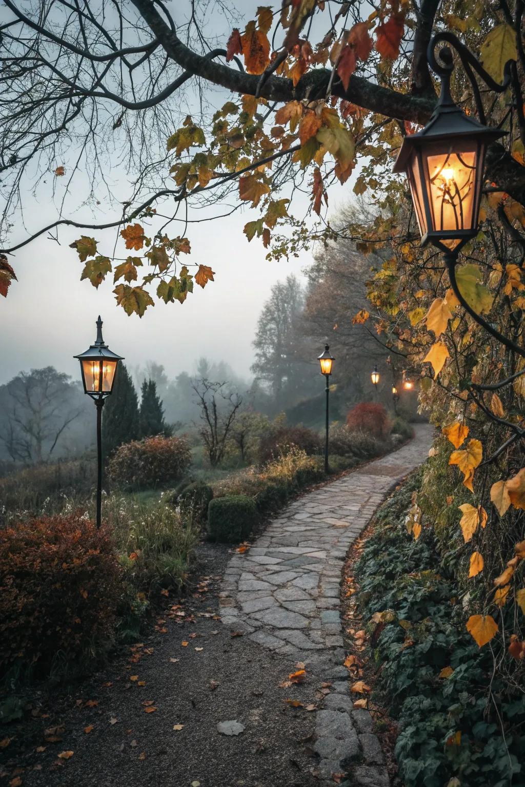 A lantern-lit pathway sets the tone for an enchanting Halloween evening.