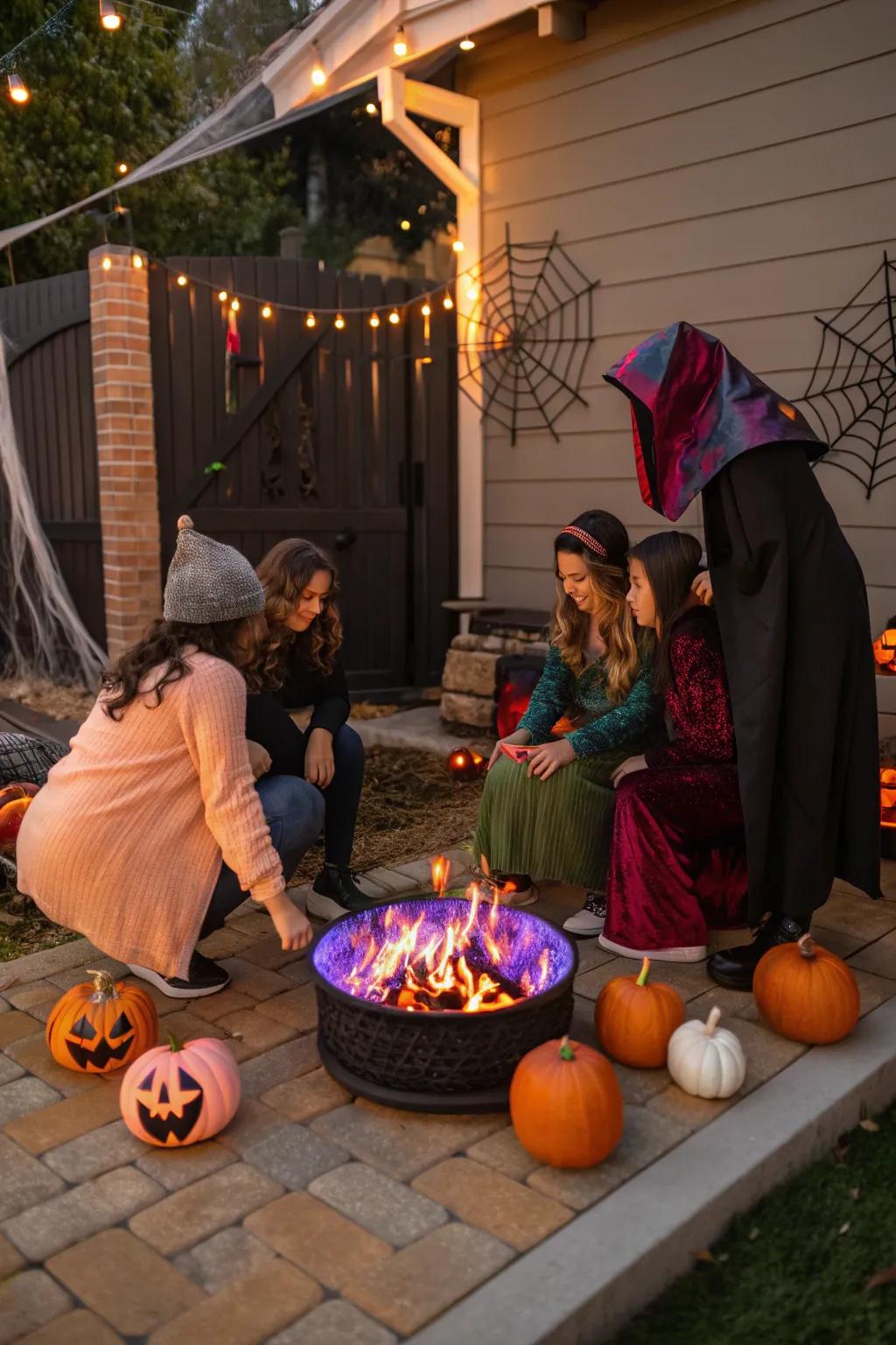 A mystical fire pit serves as a cozy gathering spot for storytelling.