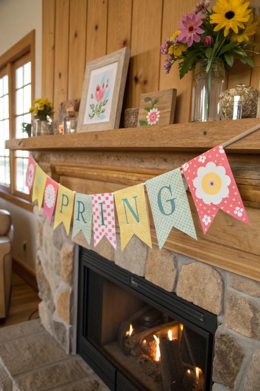A cheerful spring banner adds a playful touch to the decor.