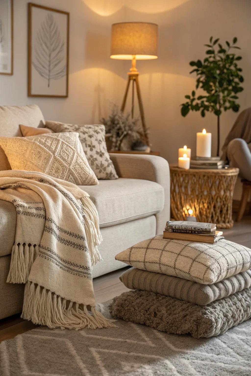 Neutral textiles add warmth and comfort to a farmhouse living room.