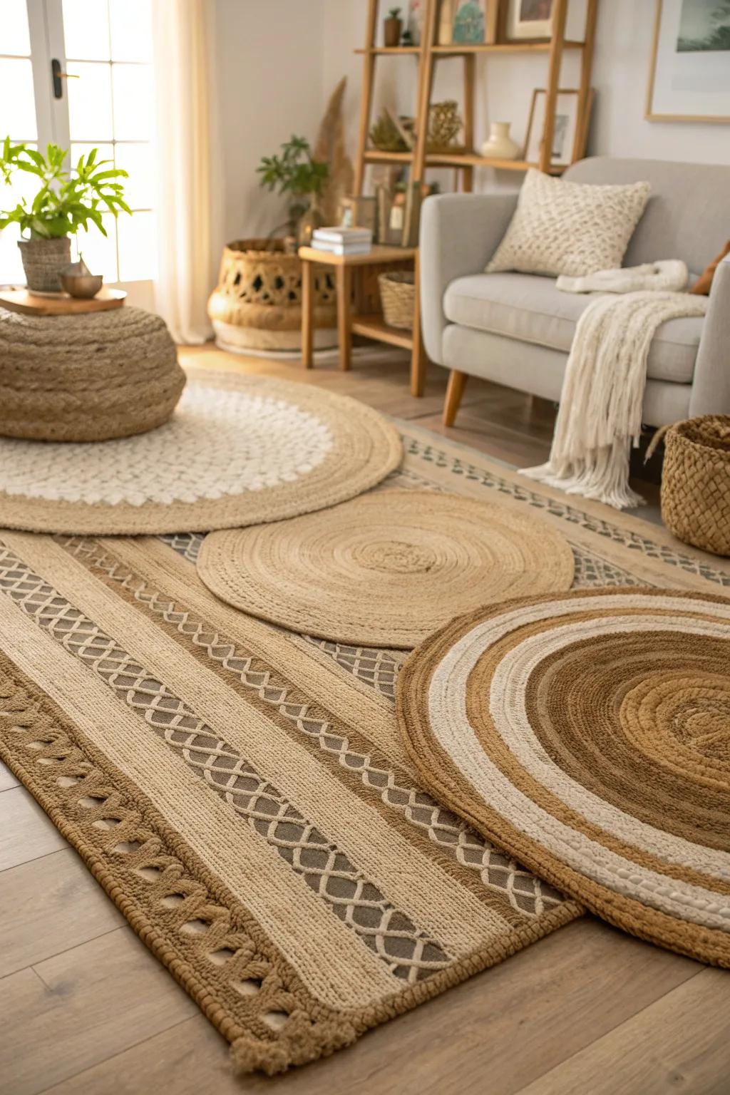 Layered rugs bring depth and warmth to the farmhouse decor.