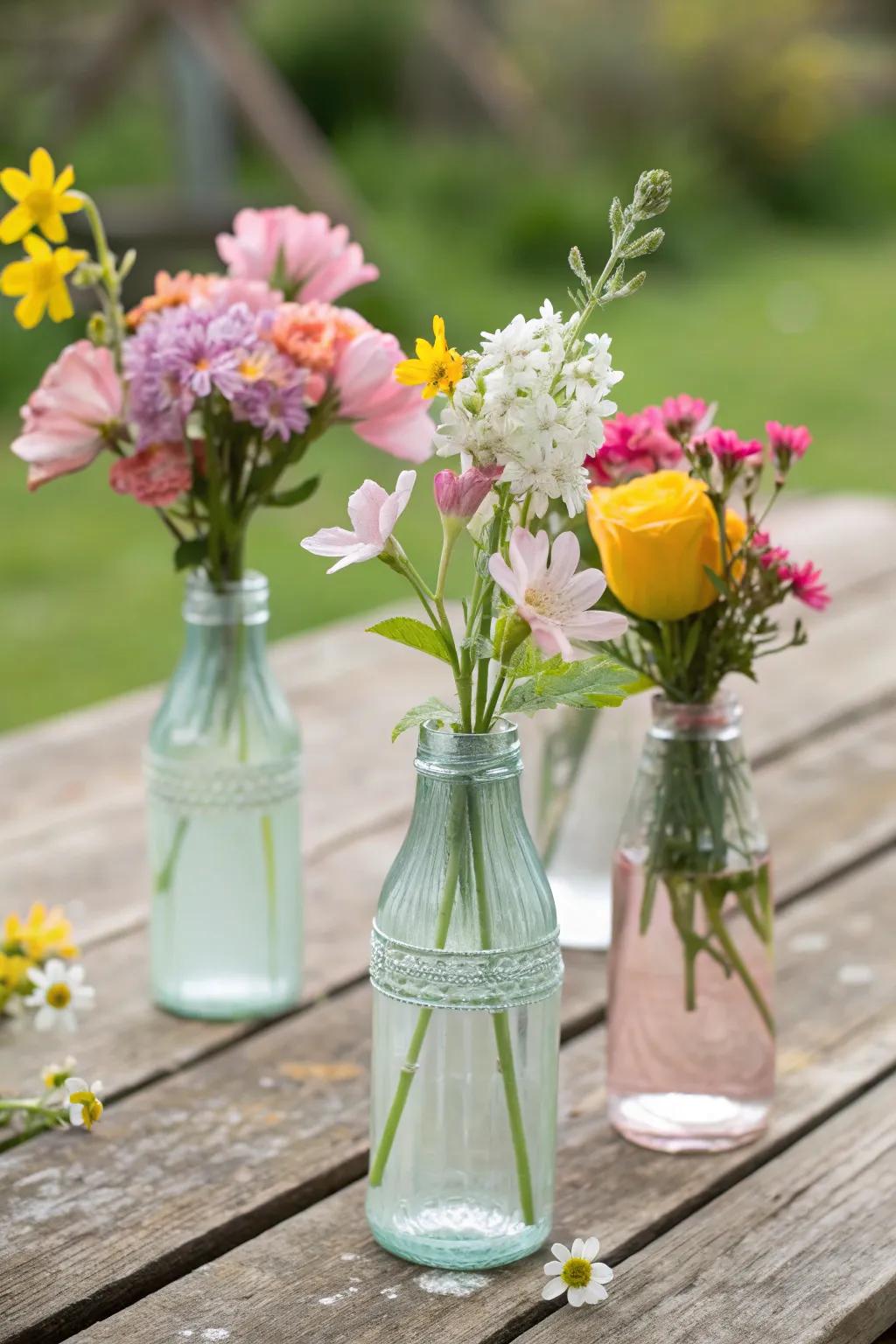 Upcycled glass bottles make charming vases for spring flowers.