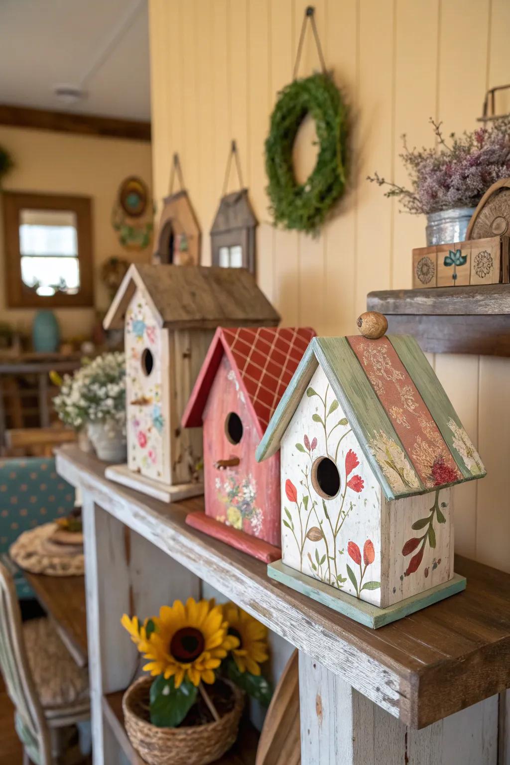 Decorative birdhouses add a charming nod to springtime nature.