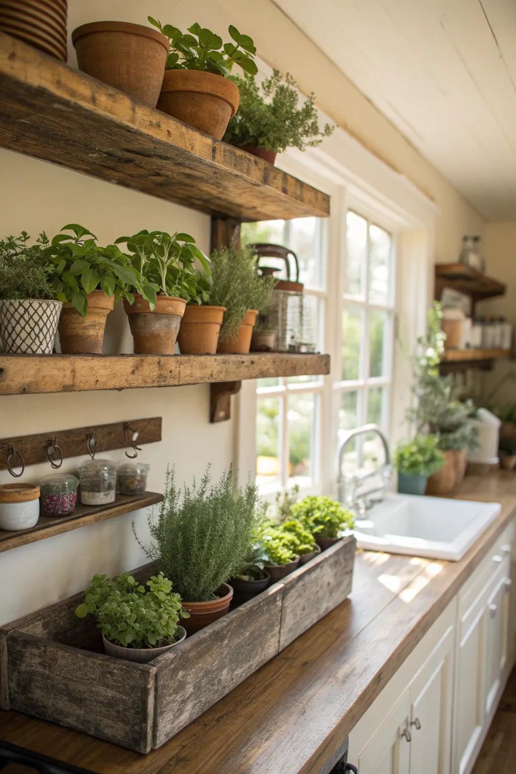 Potted greenery brings a fresh touch to this farmhouse kitchen.