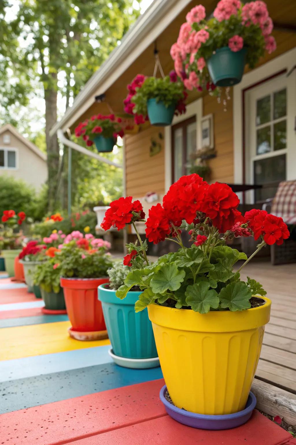 Painted pots add a personalized splash of color to your garden.