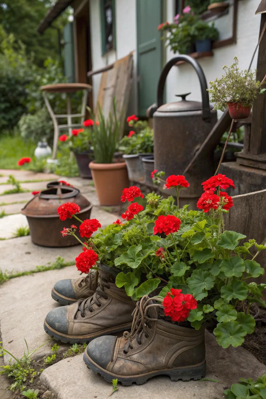 Unusual planters like boots and kettles make for unique geranium displays.