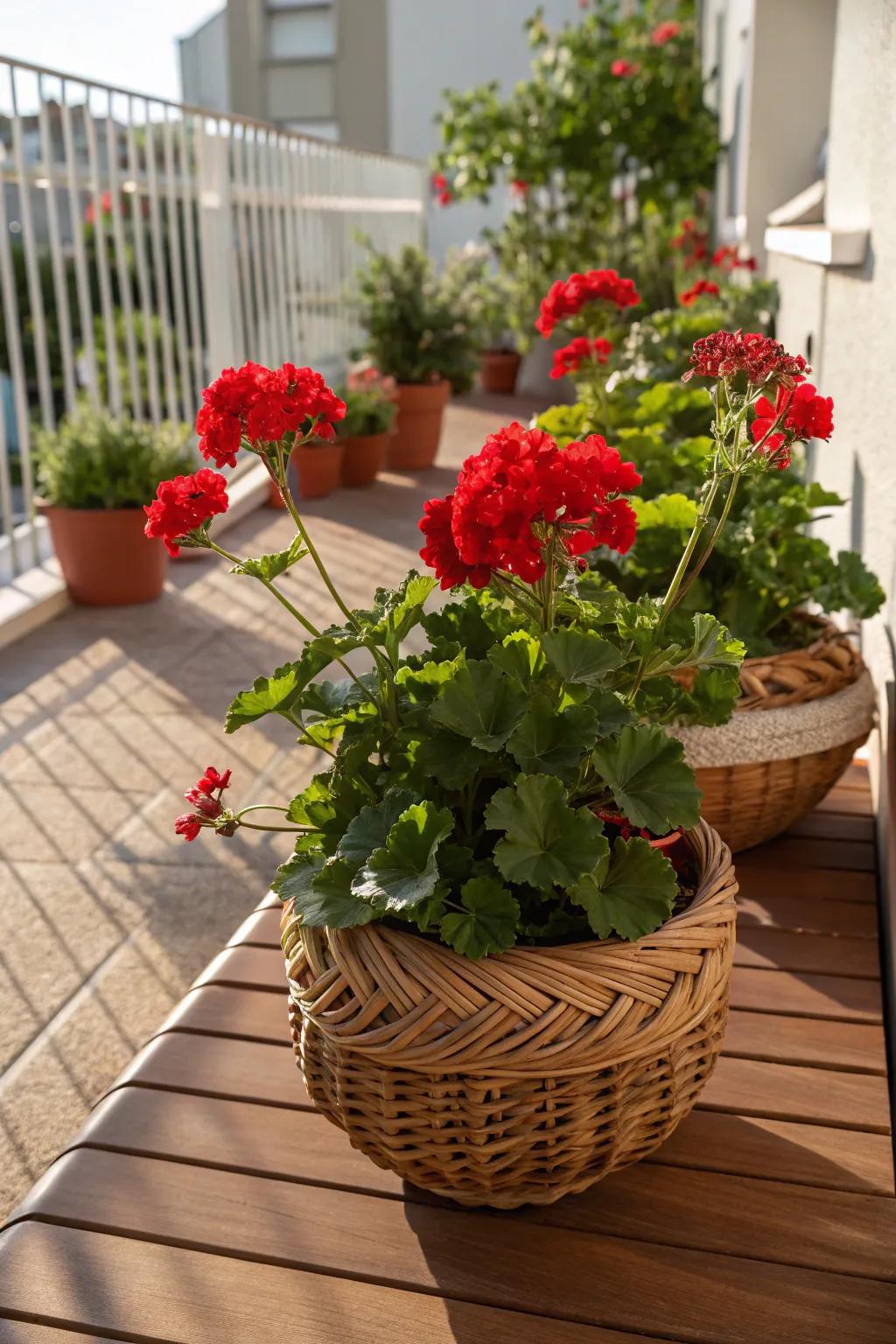 Baskets offer a charming and flexible way to display geraniums.