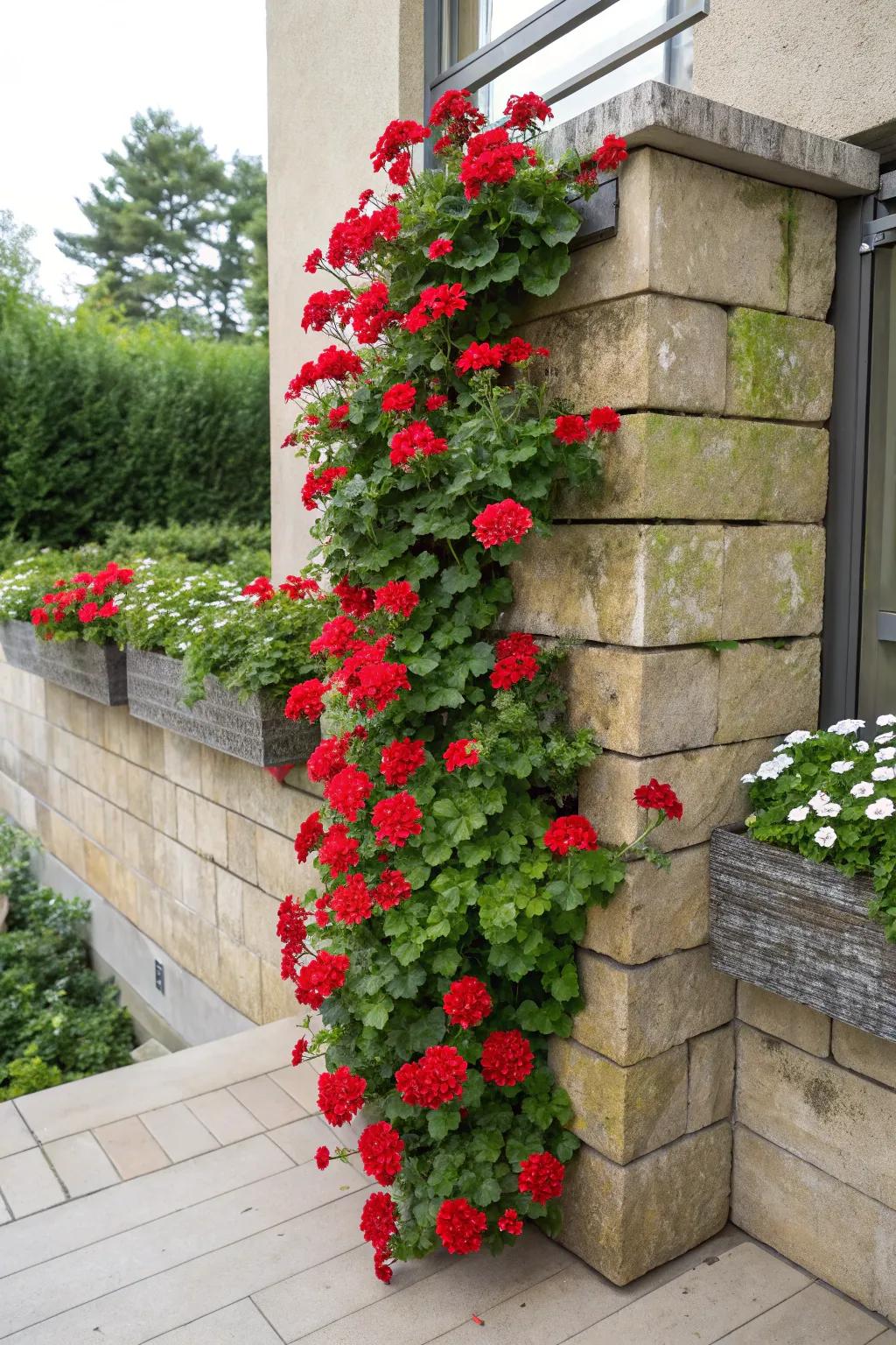 Vertical gardens with geraniums make a bold statement.