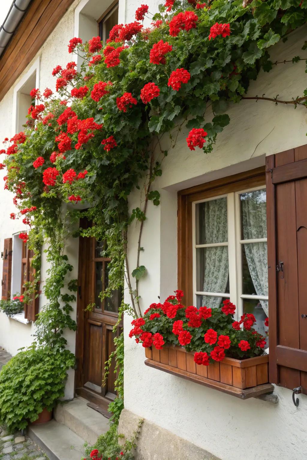 Window boxes filled with geraniums bring European elegance home.