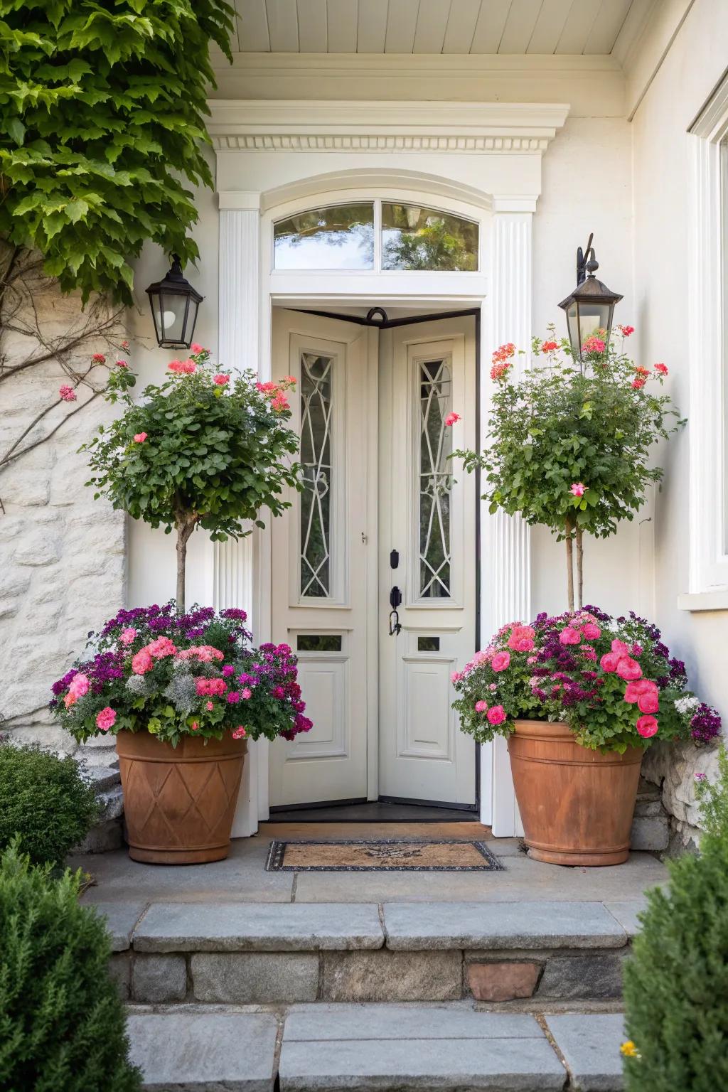 Symmetrical potted plants bring balance and beauty to your entryway.