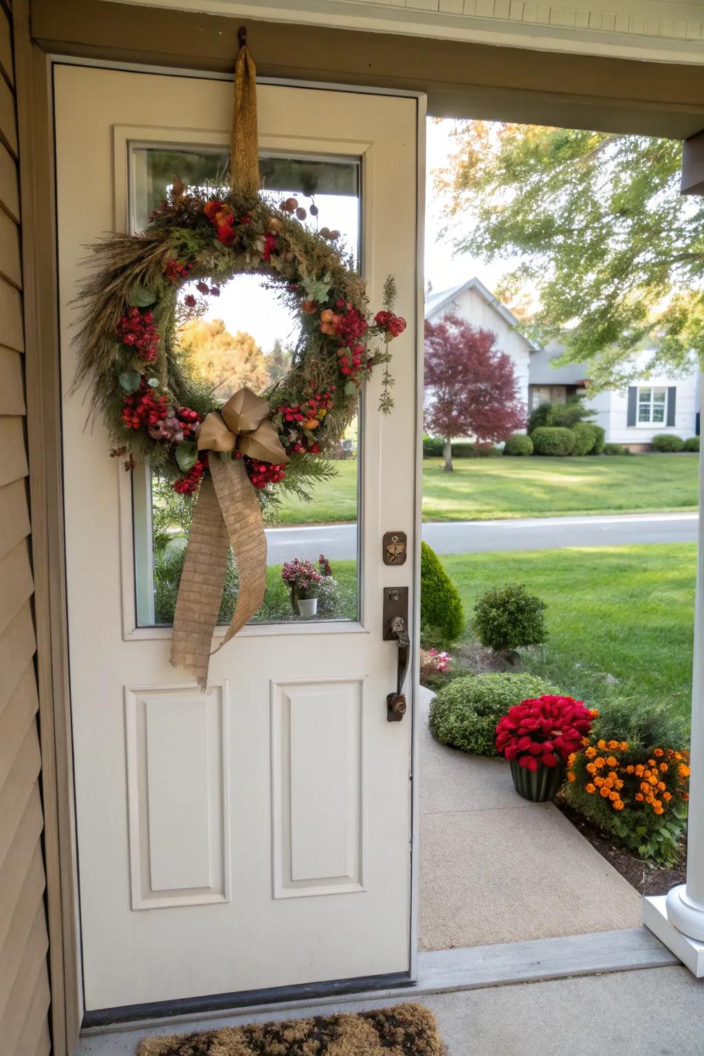 Seasonal door hangings provide a fresh and creative alternative to wreaths.