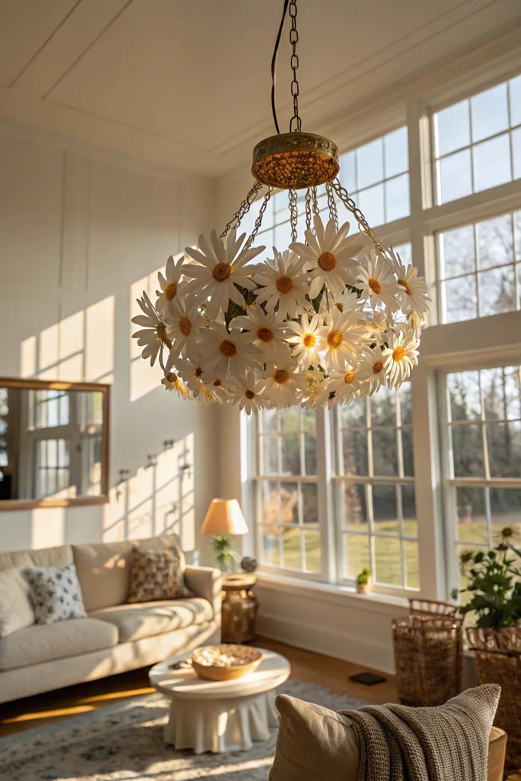 A daisy chandelier brings the outdoors inside.