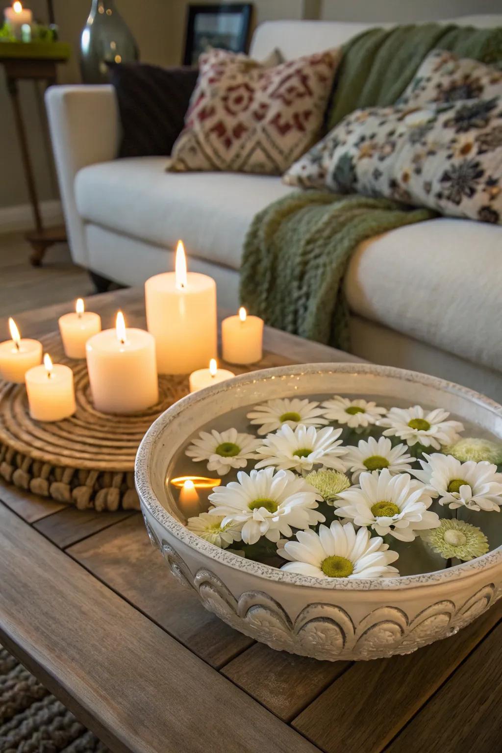 Floating daisies and candles create a tranquil centerpiece.