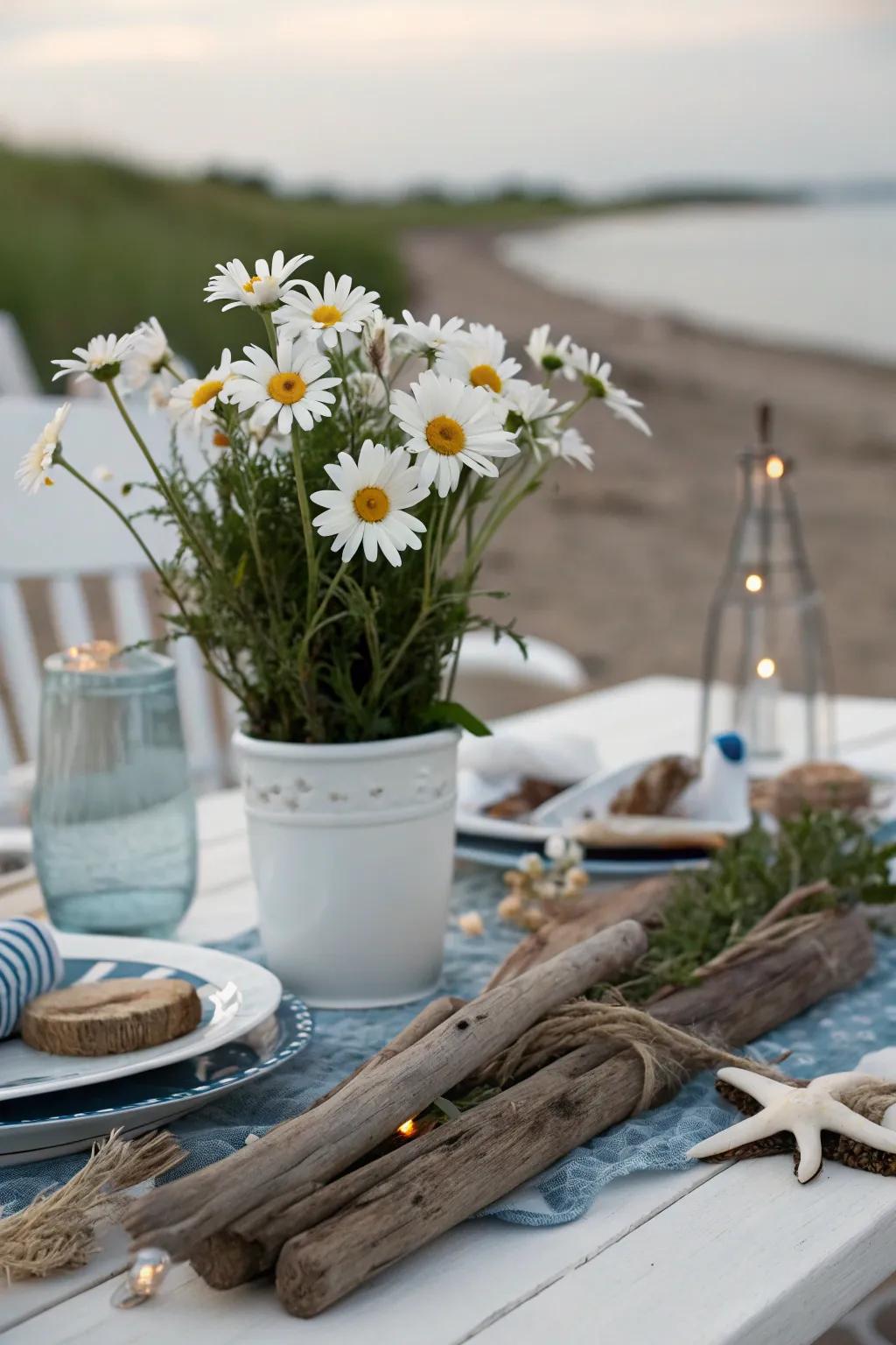 Daisies and driftwood create a coastal-inspired centerpiece.