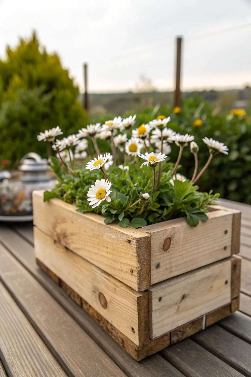 A DIY wooden box adds a personal touch to your daisy centerpiece.