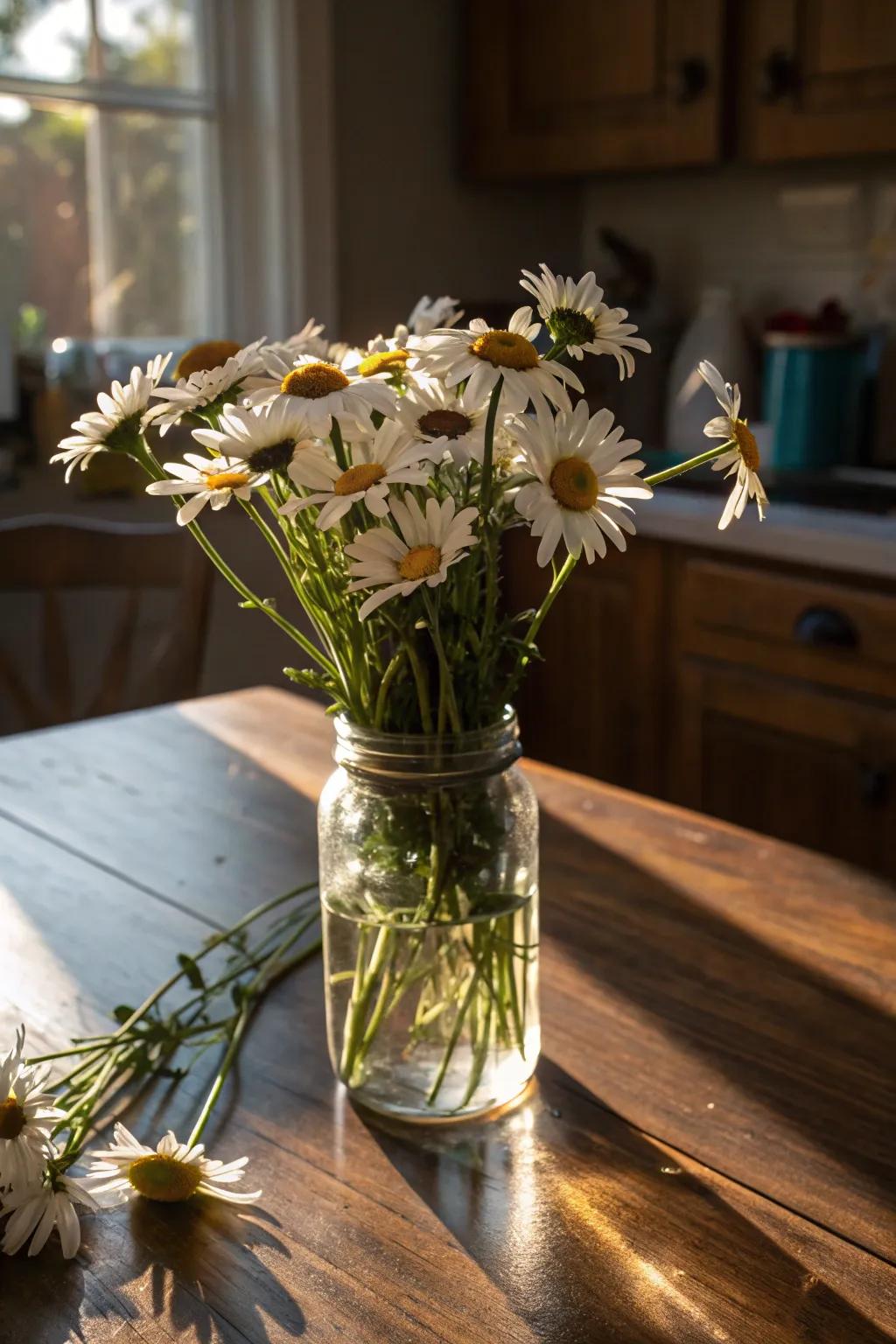 Mason jar daisies bring a rustic charm to your home.