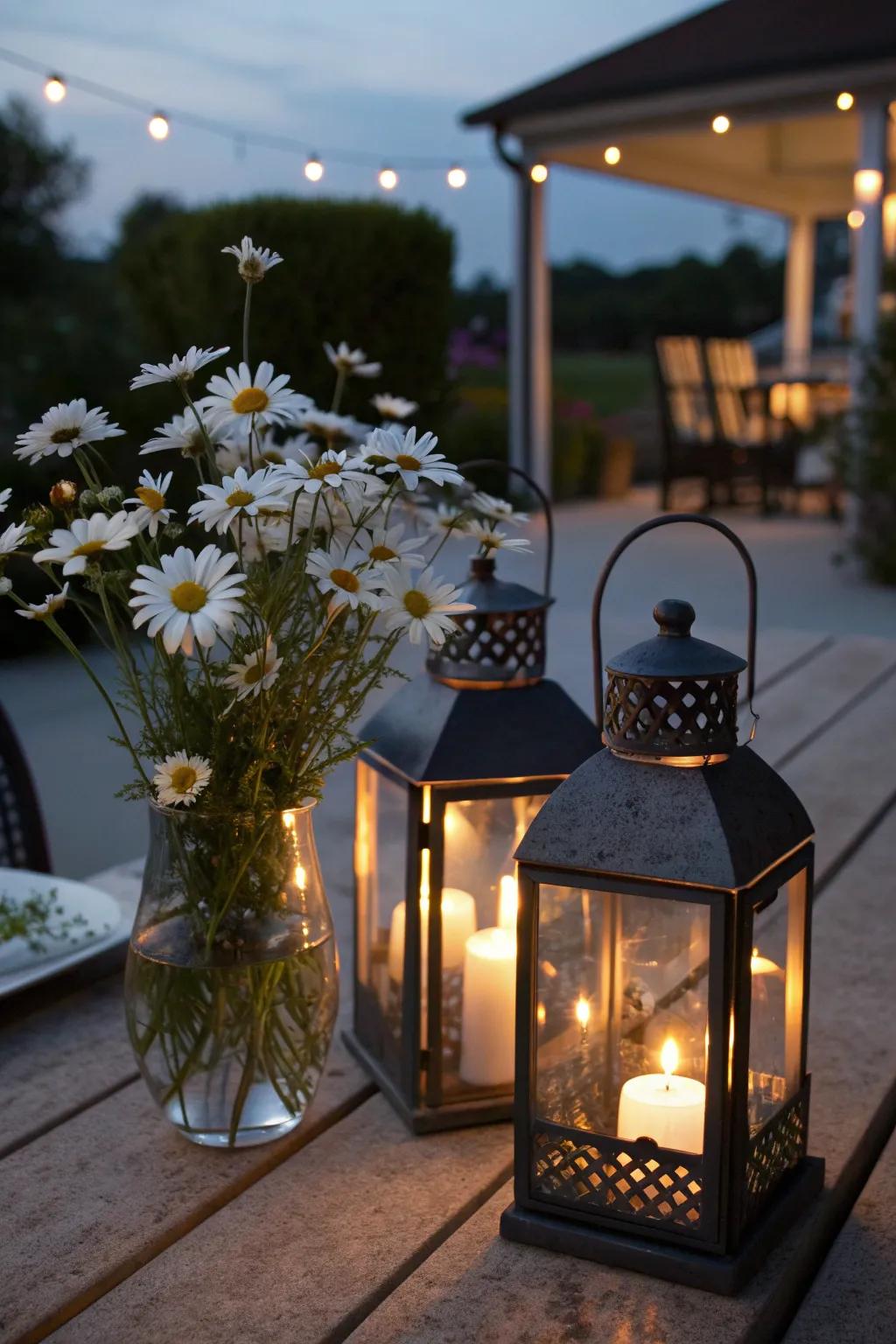 Daisy lanterns create a magical evening ambiance.