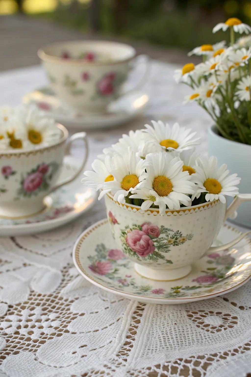 Tea cups create a whimsical daisy display.